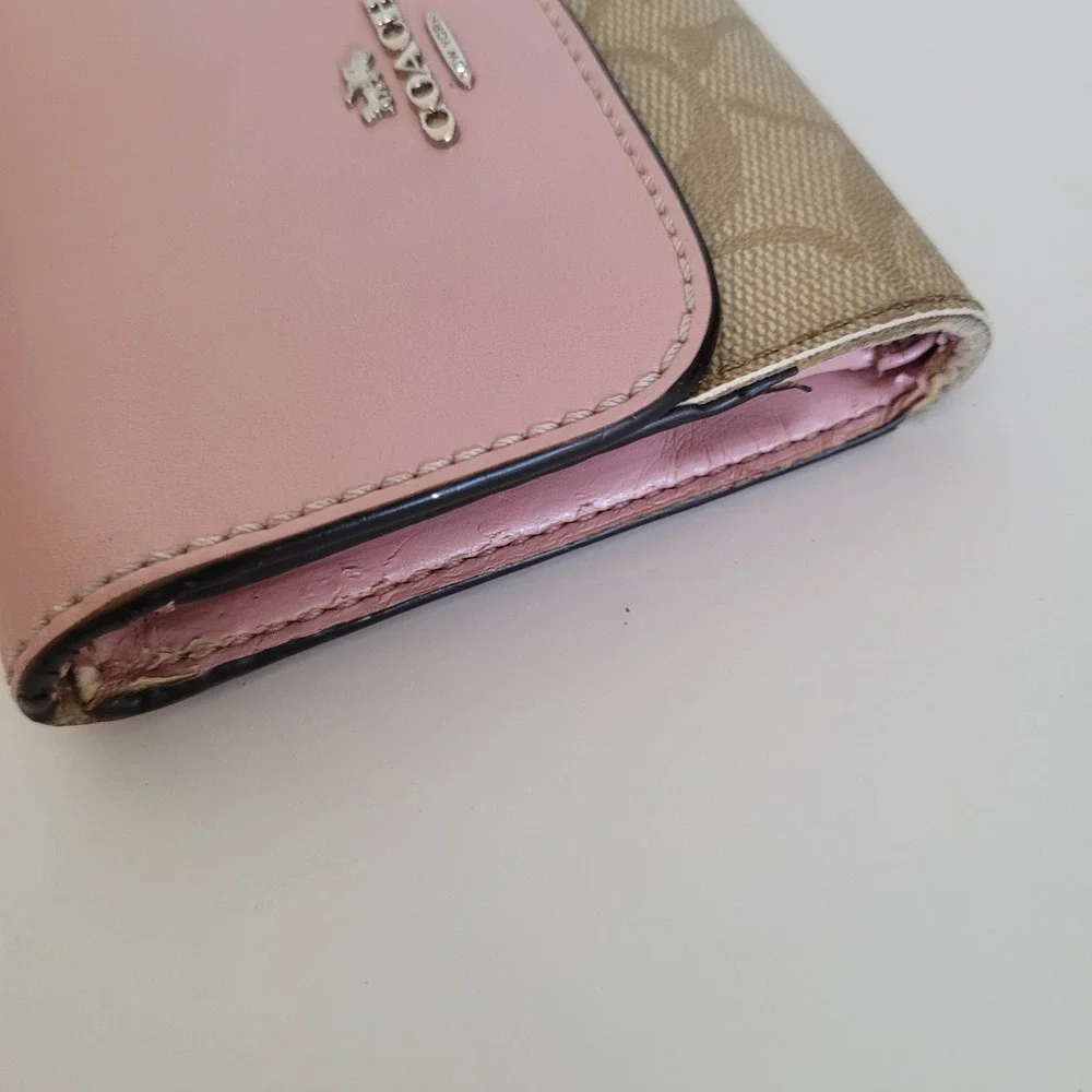 Coach Small Trifold Wallet Pink Khaki Signature Canvas Leather Trim